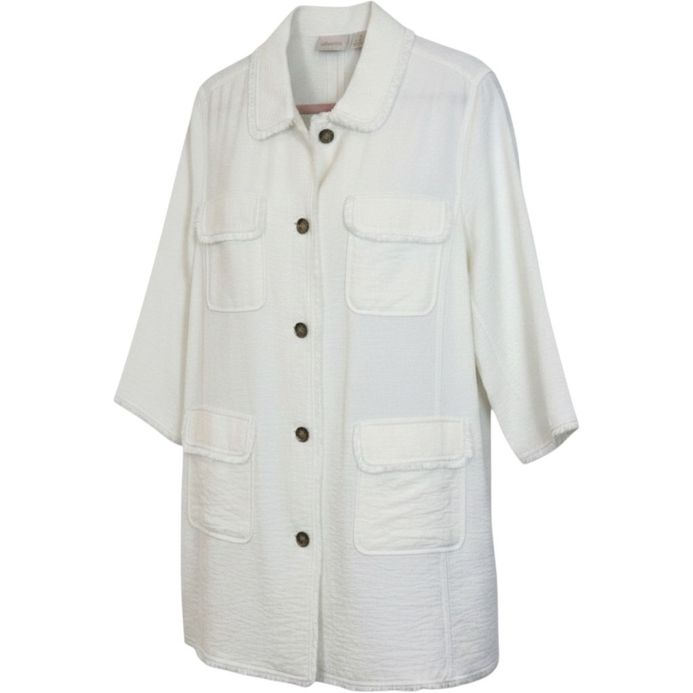 Chico's Relaxed Fringe Detail Topper Jacket Size 3/XL Ivory Sheen Utility Pocket